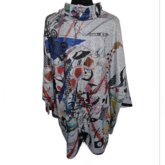 Inoah Art-to-Wear Gray Abstract Turtle-neck Flowy Tunic Style Top Size M - Picture 3 of 5